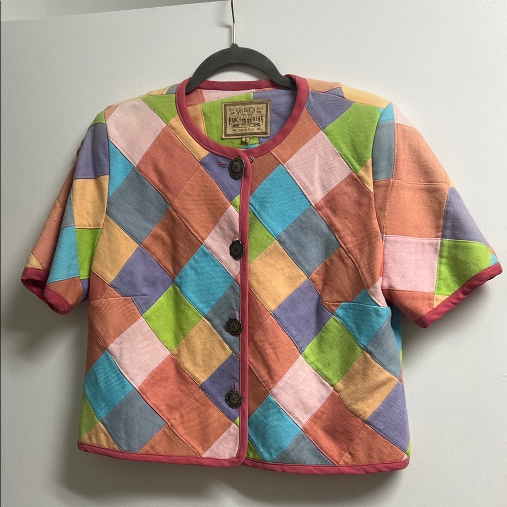 Double D Ranch Multicolor Pastel  Patchwork Short Sleeve Conch Button Jacket LRG